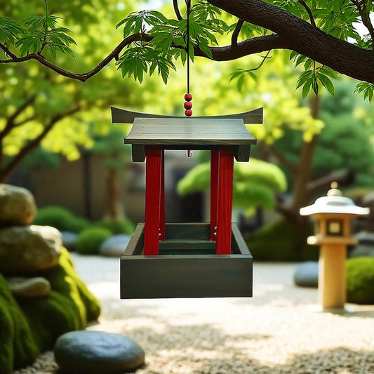 Traditional Japanese style bird feeder in a garden setting with greenery and stones.