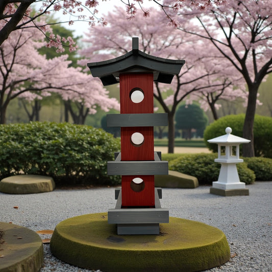 Traditional Japanese style tube bird feeder in a garden with cherry blossom trees