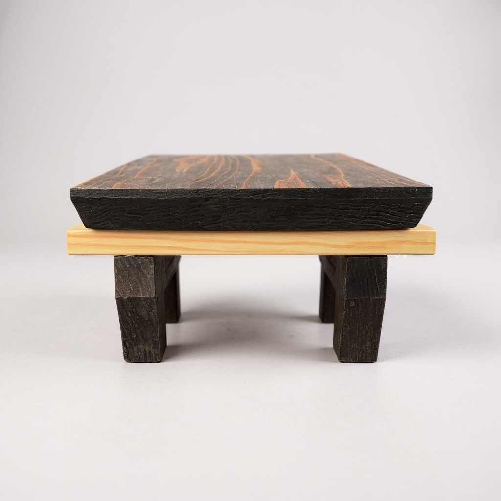 Bonsai stand with a medium brown warm top and light base on a white background