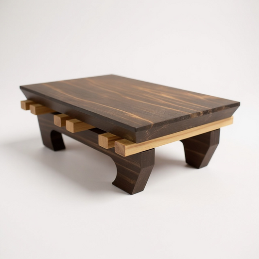 Wooden bonsai stand  with a medium brown finish on a white background