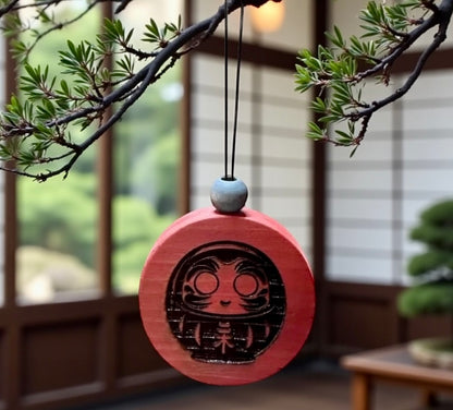 Decorative wooden ornament with a Daruma Doll face hanging from a tree branch indoors.