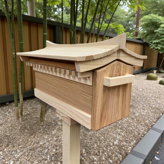 Wooden mailbox with Asian design in a garden setting