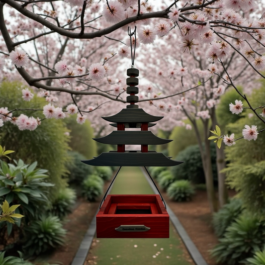 Decorative Asian style hanging bird feeder with cherry blossoms in the background
