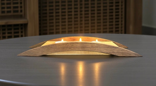 Wooden candle holder with three candles on a reflective surface